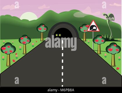 Car's headlamps shining in the tunnel. Road going through the tunnel. Flat vector illustration of cartoon road landscape. Stock Vector