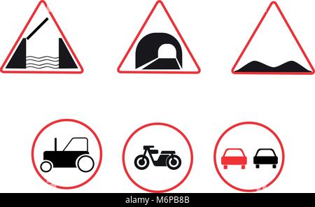Set of 3 triangular and 3 round road signs, isolated on white background. Vector illustration. Clip art. Stock Vector