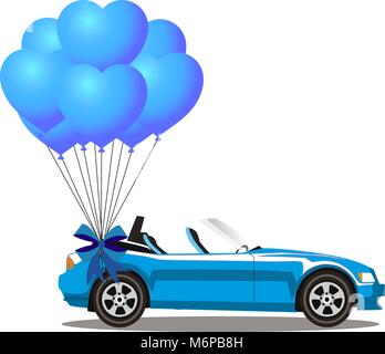 Blue modern opened cartoon cabriolet car with bunch of blue helium heart shaped balloons with festive ribbon isolated on white background. Sports car. Stock Vector