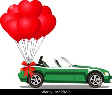 Green modern opened cartoon cabriolet car with bunch of red helium heart shaped balloons with festive ribbon isolated on white background. Just marrie Stock Vector