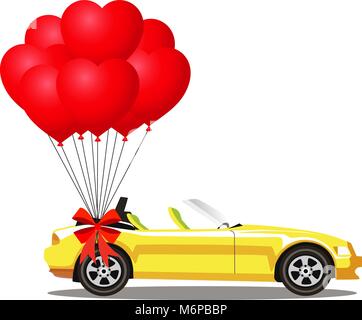 Yellow modern opened cartoon cabriolet car with bunch of red helium heart shaped balloons with festive bow isolated on white background. Sports car wi Stock Vector