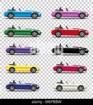 Set of modern cartoon colored cabriolet cars isolated on transparent background. Sports cars. Vector illustration. Clip art. Stock Vector