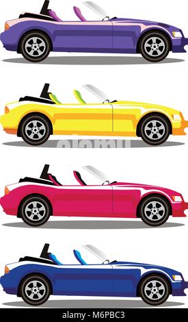 Set of modern cartoon colored cabriolet cars isolated on white background. Sports cars. Blue, yellow, red and violet cars. Flat vector illustration. C Stock Vector