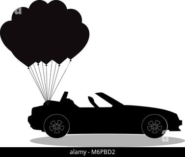 Black silhouette of modern opened cartoon cabriolet car with bunch of helium heart shaped balloons isolated on white  background. Sports car. Vector i Stock Vector