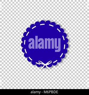 Dark blue circle stamp with white ribbon. Vector icon in paper cut out style with space for text isolated on transparent background. Emblem, label, cl Stock Vector