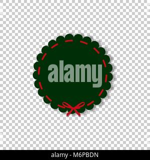 Deep green round stamp with red ribbon in paper cut out style isolated on transparent background. Vector illustration, template with space for text. Stock Vector