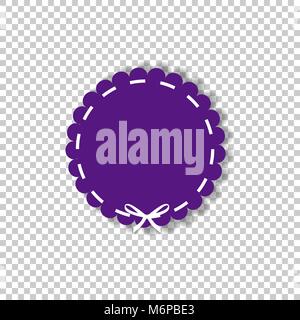 Violet round stamp with white ribbon in paper cut out style isolated on transparent background. Vector illustration, template with space for text. Stock Vector