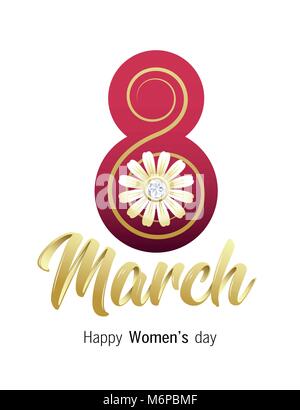 Happy Women's day. 8 March greeting card with elegant golden Hand lettering, chamomile flower and diamond stone. Vector illustration. Stock Vector