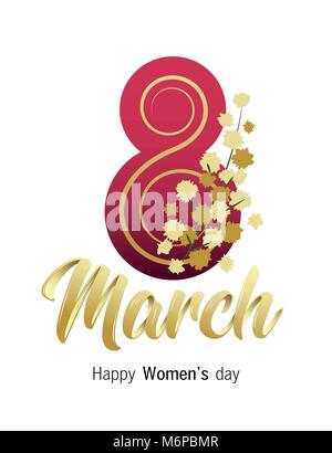 Happy Women's day. 8 March greeting card with elegant golden Handwritten Script and mimosa. Vector illustration. Stock Vector