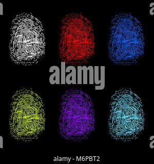 Set of color fingerprints on black background Stock Vector