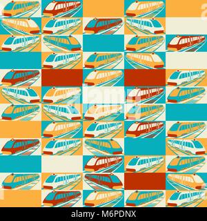Retro seamless travel pattern of trains Stock Vector