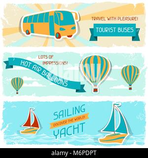 Set of horizontal travel banners in retro style Stock Vector