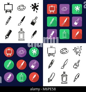 Painting Or Drawing Tools All in One Icons Black & White Color Flat Design Freehand Set Stock Vector