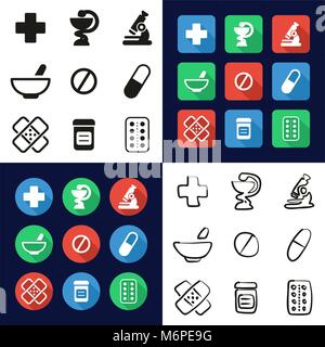Pharmacy All in One Icons Black & White Color Flat Design Freehand Set Stock Vector