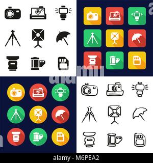 Photography All in One Icons Black & White Color Flat Design Freehand Set Stock Vector