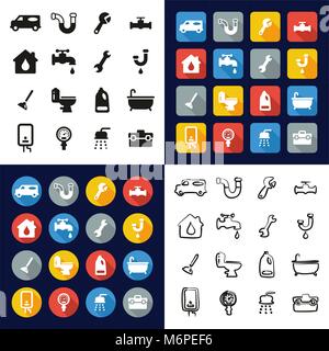 Plumbing All in One Icons Black & White Color Flat Design Freehand Set Stock Vector