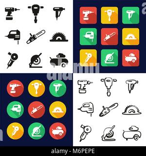 Power Tools All in One Icons Black & White Color Flat Design Freehand Set Stock Vector