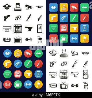 Prison All in One Icons Black & White Color Flat Design Freehand Set Stock Vector