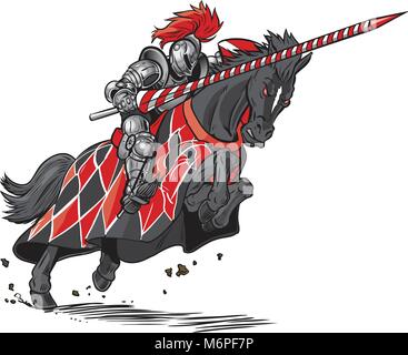 Vector cartoon clip art illustration of an armored knight on a scary black horse with red eyes charging or jousting with a lance and shield. Stock Vector