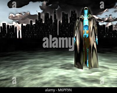 Surreal painting. Android in cloak stands before futuristic city. Stock Photo