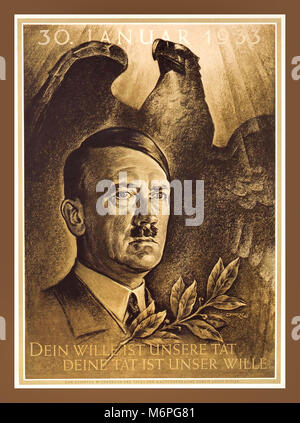 Vintage 1933 Adolf Hitler Chancellor Poster commemorating 30 January 1933, a date where a new German cabinet was sworn in during a ceremony in Hindenburg's office. The NSDAP named Adolf Hitler as Chancellor of Germany. 'Your Wish is Our Command' Deutschland, 1943 Stock Photo