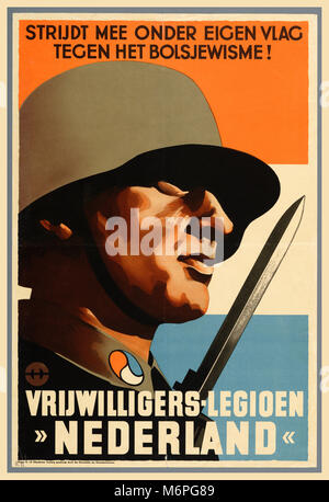 WW2 Vintage Nazi Germany Recruitment Propaganda Poster Waffen SS Foreign Divisions Waffen SS initiated strong propaganda campaigns calling members of  occupied countries to fight with them, essentially against the ‘Communist or Bolshevist Onslaught’ of Soviet Communism. 25 000 Dutchmen volunteered to serve in the Waffen SS. Stock Photo