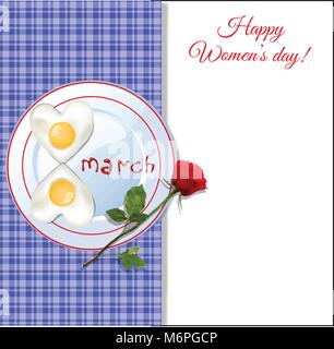 8 march happy women's day template with number eight shaped fried eggs on plate with ketchup letters  and red rose on blue chequered napkin tablecloth Stock Vector