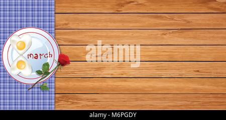 Happy womens day banner with heart omelet in shape of eight on plate with ketchup lettering 8 march and red rose  on wooden table background with chec Stock Vector
