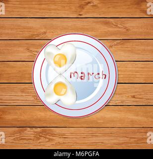 Happy women's day vector illustration with number eight shaped heart omelette on plate with ketchup lettering isolated on rustic wooden planks table b Stock Vector