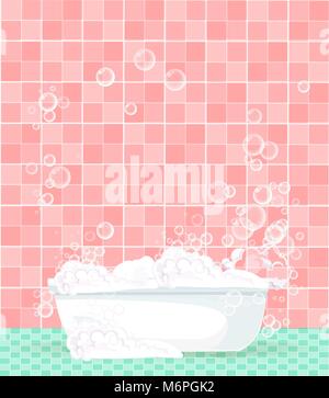 Cute cartoon bathroom interior with bathtub full of foam, floating soap bubbles and space for text on pink tiled background. Comfortable equipment for Stock Vector