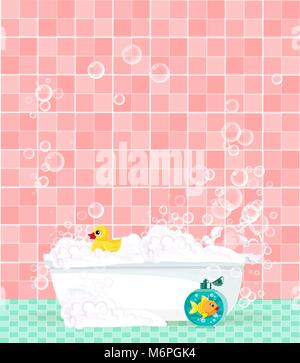 Cute cartoon bathroom interior with bathtub full of foam, soap bubbles,  bottle of shampoo, rubber duck on pink tiled background. Comfortable equipmen Stock Vector