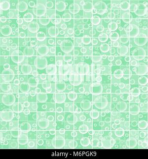 Cute baby cartoon wallpaper with floating bubbles on light green and white tiled bathroom background. Vector illustration, banner, poster, template, p Stock Vector