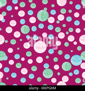 Cute seamless pattern with flying multicolored bubbles or 3d balls on purple  background. Wallpaper, vector illustration, poster, banner, template, pr Stock Vector
