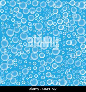 Cute baby cartoon wallpaper with realistic floating transparent soap bubbles on blue background.Vector Illustration, poster, banner, template, print f Stock Vector
