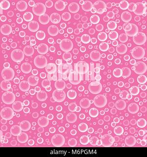 Cute baby cartoon wallpaper with realistic floating transparent soap bubbles on pink background. Vector Illustration, poster, banner, template, print  Stock Vector