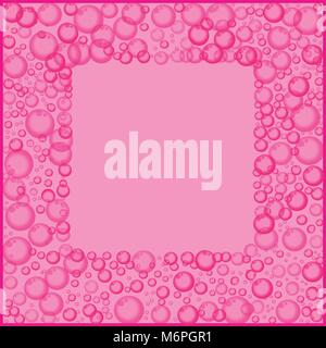 Frame with floating soap or soda bubbles pattern on pink background. Water fizzing bubbles texture. Abstract vector banner, poster, illustration, temp Stock Vector