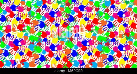 Bright abstract rainbow slapped background with multicolored humans hand prints on white backdrop. Vector festive palmprints rectangle template, poste Stock Vector