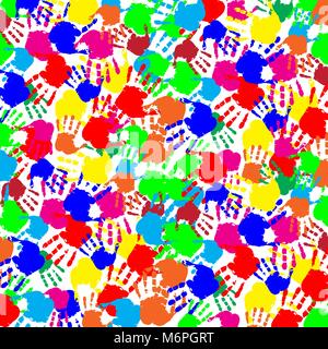 Vibrant abstract colorful slapped background with multicolored human's handprints on white backdrop. Vector festive fingerprint square template, poste Stock Vector