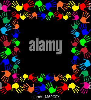 Bright rainbow frame with empty copy space for text or image and multicolored handprints double border isolated on black  background. Vector festive t Stock Vector