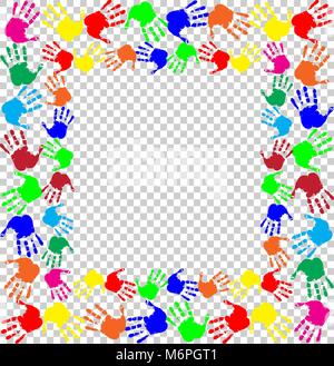 Bright rainbow frame with empty copy space for text or image and multicolored handprints border isolated on transparent background. Vector festive tem Stock Vector