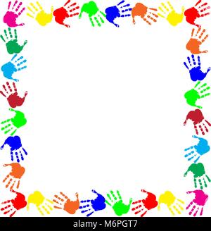 Colorful rainbow frame work with empty copy space for text or image and multicolored handprints border isolated on white background. Vector festive te Stock Vector