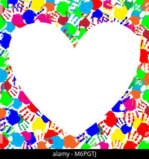 Vibrant rainbow frame with copy space in shape of heart and multicolored hand prints border isolated on white background. Vector festive template for  Stock Vector