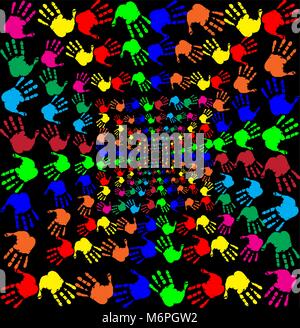 Bright rainbow vector illustration with multicolored handprints pattern on black background. Hand prints tunnel. Stock Vector