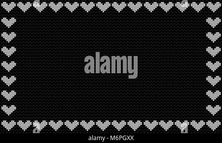 harcoal black fabric knitted background framed with knit white hearts. Vector illustration, template, poster with space for text. Stock Vector