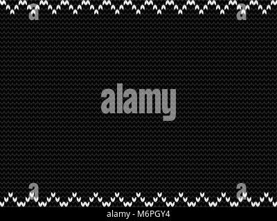 Charcoal black fabric knitted background framed with knit white zig zag pattern. Vector illustration, template, poster with space for text. Stock Vector