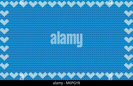 Light blue fabric knitted background framed with knit hearts. Vector illustration, template, poster with space for text. Stock Vector