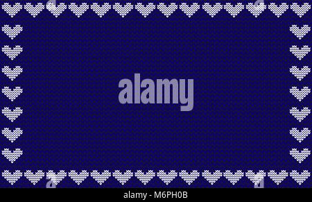 Deep blue fabric knitted background framed with knit white hearts. Vector illustration, template, poster with space for text. Stock Vector