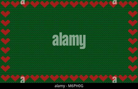Deep green fabric knitted background framed with knit red hearts. Vector illustration, template, poster with space for text. Stock Vector
