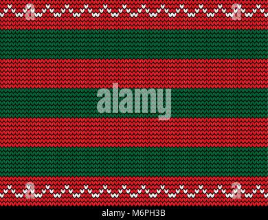 Vector seamless  knitted background with green and red stripes and white wavy pattern as border. Stock Vector