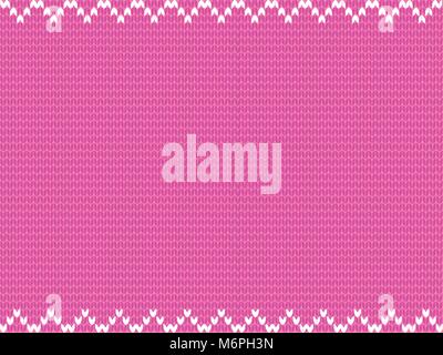 Cute baby pink knitted background framed with white weavy zig zag pattern. Vector illustration, border, template with space for text for design. Stock Vector